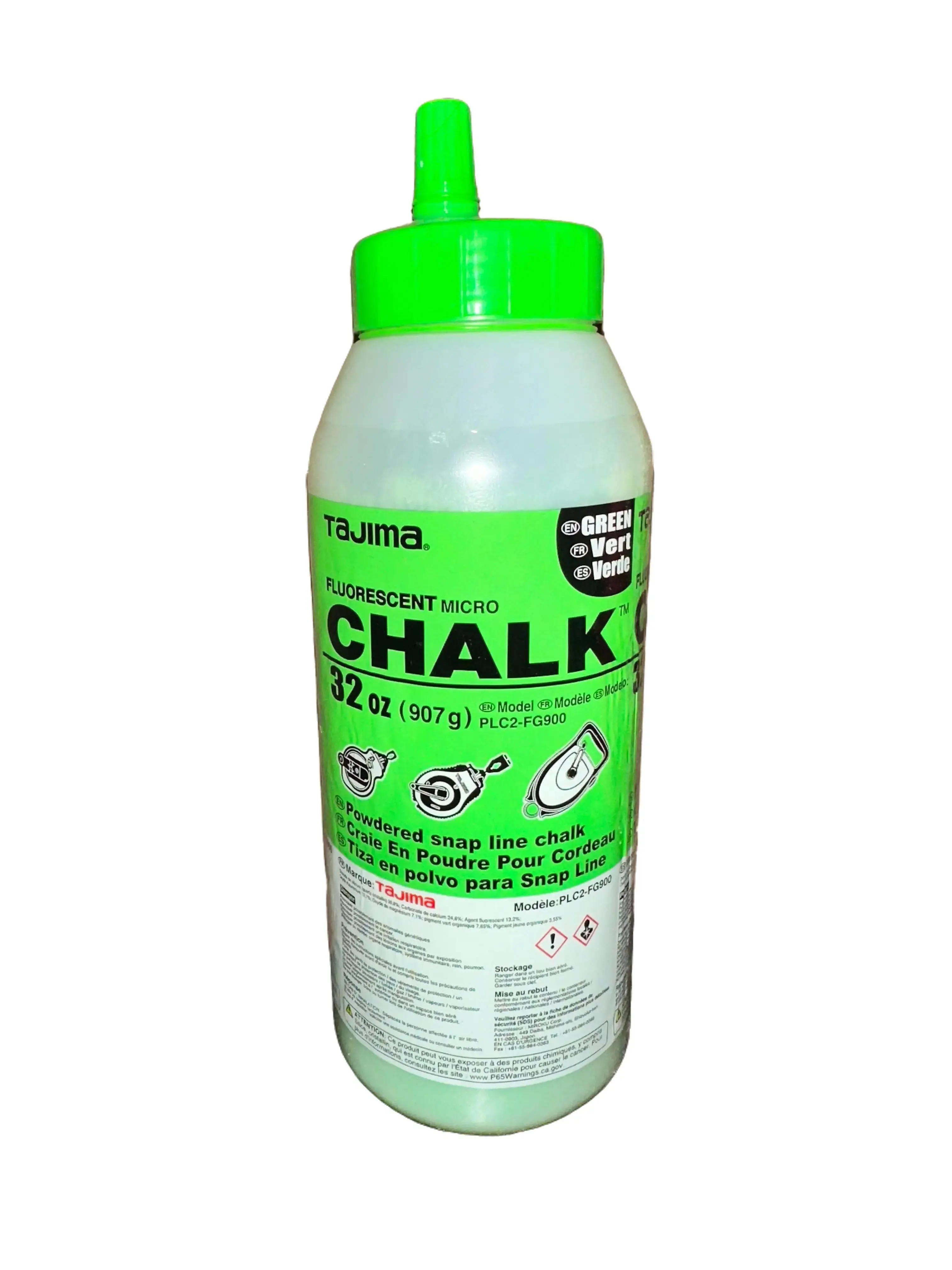 TAJIMA Micro Chalk - Fluorescent Green 32-oz (907g) Ultra-Fine Snap-Line Chalk with Durable Bottle & Easy-Fill Nozzle - PLC2-FG900