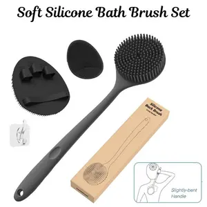 Soft Silicone Bath Brush Set, Silicone Body & Back Scrubber with Exfoliating Bath Glove and Face Cleansing Brush, Shower Scrubber Set (3PCS Black)