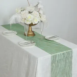 5 Pack Organza Table Runners 12"x108" Hunter Emerald Green with Gold Foil Wave Design - Disposable Shimmering Table Accent