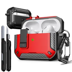 AirPods Pro 3  Generation Case Cover with Cleaner Kit, Military Hard Shell Protective Armor with Lock for AirPod Gen 3 Charging Case 2021,Front LED Visible （red）