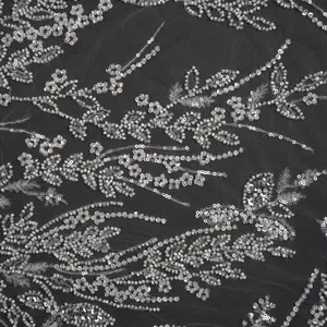 Beaded and Sequined Lace - White Leafy Border