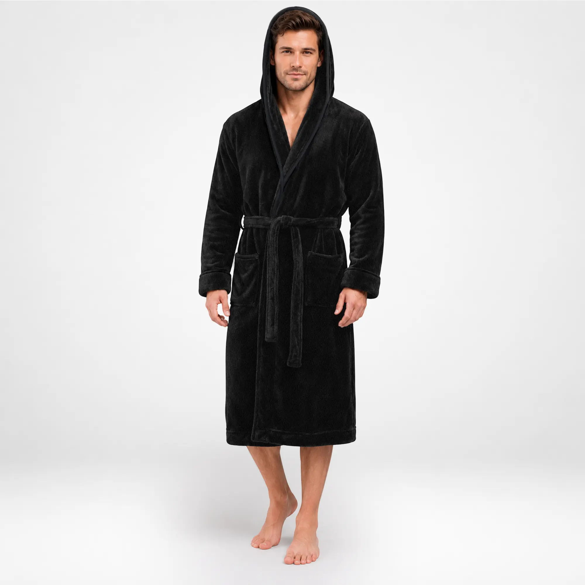 NY Threads Men's Hooded Coral Fleece Robe, Plush Loungewear with Pockets and an Adjustable Tie Belt, Nightwear, Menswear, Classic, Stylish, Relaxed Fit, Pile And Nap Effect