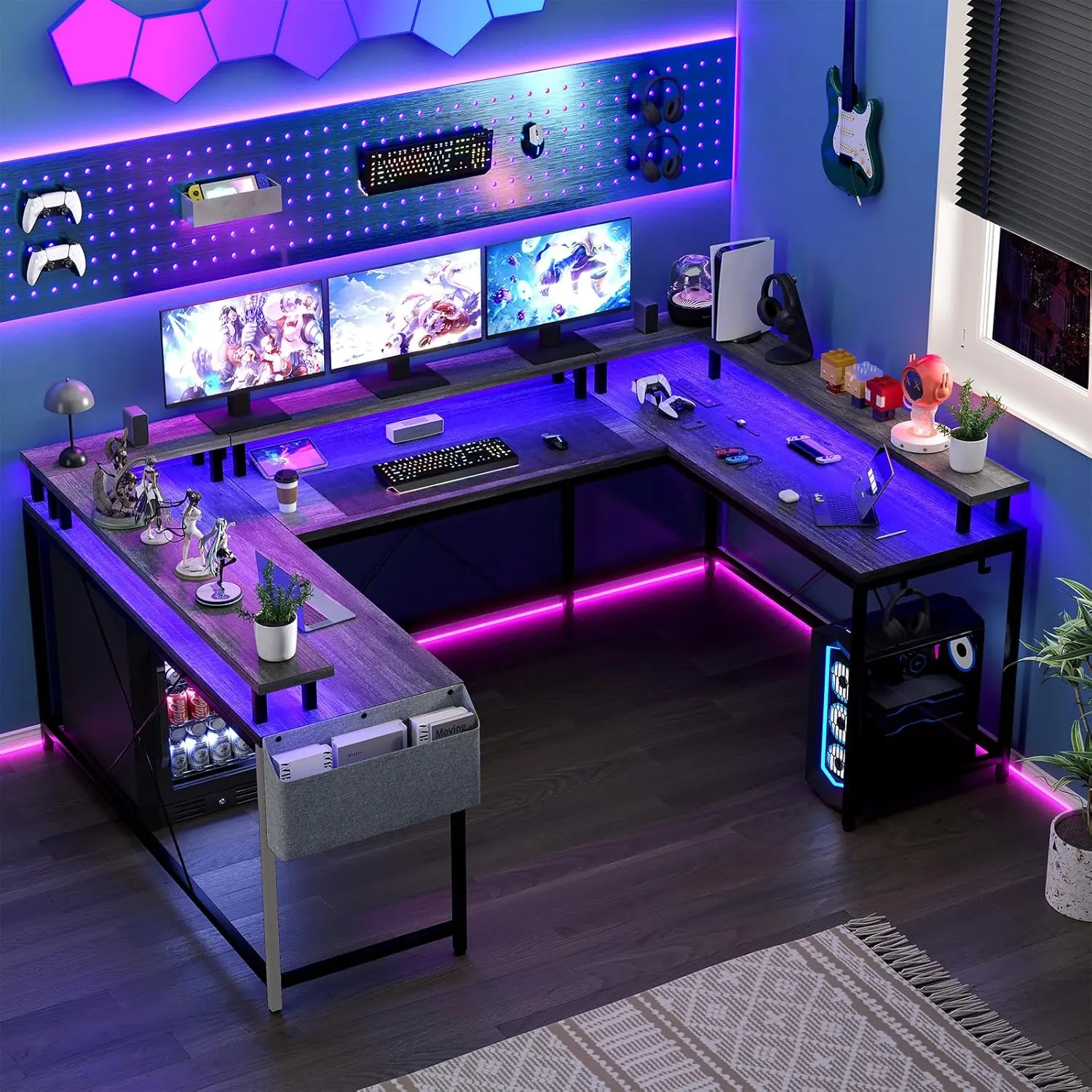 126-Inch Large Size U-Shaped Sturdy Computer Desk with Steel Legs, Reversible L-Shape Wood Workstation, Dynamic RGB Lights, Built-In Power Outlets, USB Ports, Full Monitor Stand, Storage Shelves, Hooks, Storage Bag, Gray Gaming Desk, Built-In Outlets Desk