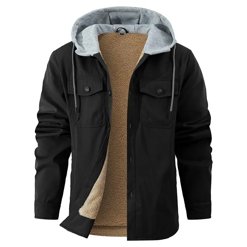 Men's Winter Sherpa Lined Hooded Shirt Jacket, Heavyweight Warm Fleece Lined Work Coat, Casual Button Down Jacket with Multiple Pockets for Cold Weather