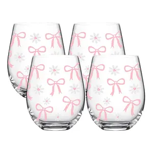 Bow&Daisy Pattern Stemless Wine Glasses Set, 1/4-Pack, 18oz/540ML Transparent Wine Cups, Ideal for Restaurants & Daily Use