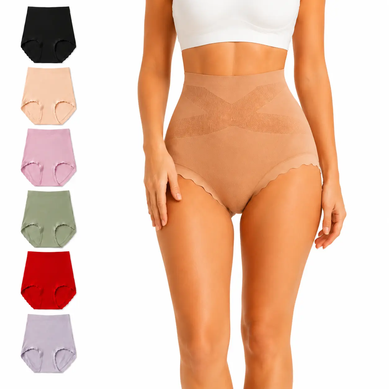 Women's High-Waist Full Coverage Butt-Lifting Shaping Briefs - All-Day Comfort, Body Slimming, X-Cross Support, Gentle Tummy Control, Stretch Breathable Mulberry Silk Gusset, Non-Pinching Ribbed Shapewear for Office, 2/5-Pack Casual Classic Underwear
