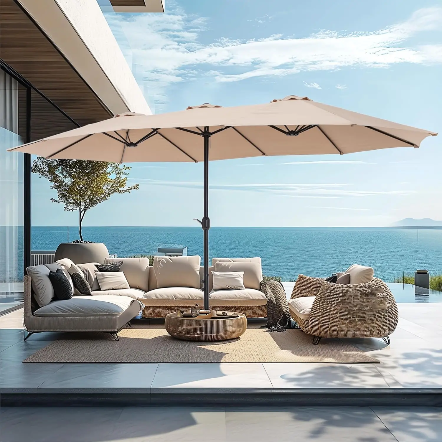 15FT Double Sided Patio Umbrella Large Outdoor Market Umbrella with Crank, 240g Heavy Duty Fabric UV Protection Waterproof