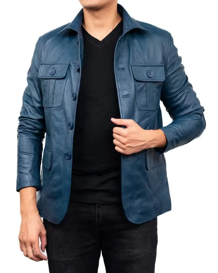 Men's Sheepskin Leather Blazer Coat Jacket 100% Genuine Leather - BLUE Men's Sheepskin Leather Blazer Coat Jacket 100% Genuine Leather - BLUE