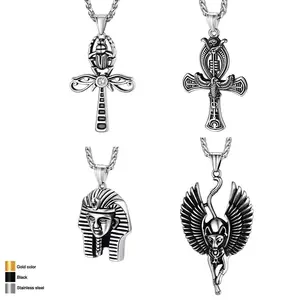 U7 Ancient Egyptian Symbol Necklaces Stainless Steel Eagle Triangle Pyramid Ankh Cross Bastet Anubis pharaoh Pendant Jewelry