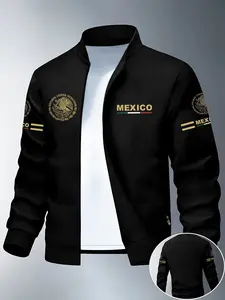 Men's Lightweight Jacket, Mexico Print Letter Design, Casual Outerwear for Daily Wear and Outdoor Activities, Ideal Fashion Choice