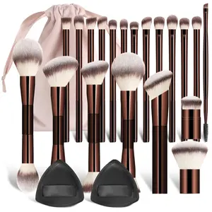 20-Piece Dual-Ended Makeup Brush Set with 2 Triangle Puff Inserts, Velvet Storage Bag, High-Quality Synthetic Bristles, Face & Eye Makeup Tools