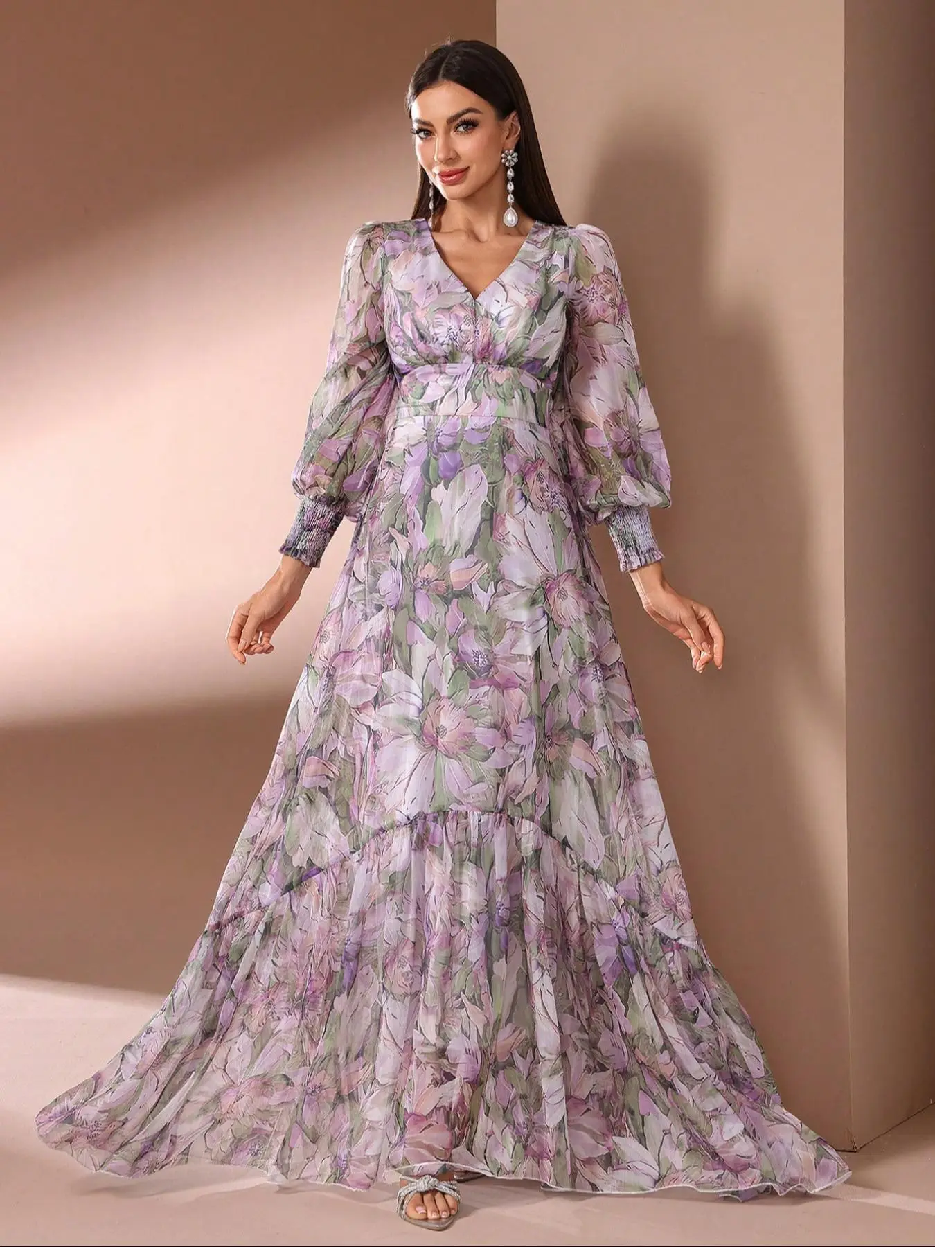 Women's Floral Print V Neck Long Sleeve Dress, Elegant Casual Long Dress for Daily Wear, Ladies Clothes for All Seasons, Summer Dress