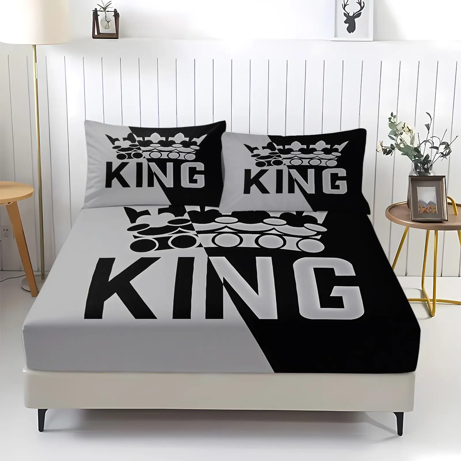 3pcs King Size Crown Pattern Fitted Sheet Set,Printed Bed Sheet Set with Pillowcases, Ultra-Soft Microfiber Bed Sheets Deep Pocket Mattress Cover,Decorative Bedsheet Sets,Mens  for Bedroom & Game Room & Man Cave