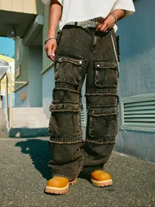 Men's Fashion Street Style Loose Denim Cargo Jeans, American High Street Multi-Pocket Patchwork Vintage Casual Work Pants, New Arrival Streetwear