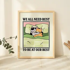 Cute Cat Wall Print Poster, Rest Self Care Quote Poster, Cute Kids Classroom Poster, Nursery BedRoom Decor White, UNFRAMED