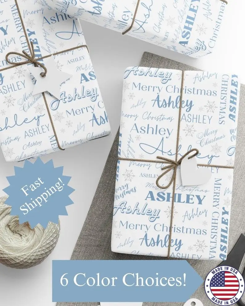 Personalized Christmas Wrapping Paper, Custom Name Collage Wrapping Paper Personalized Gift Wrap Blue Christmas Wrapping Paper
