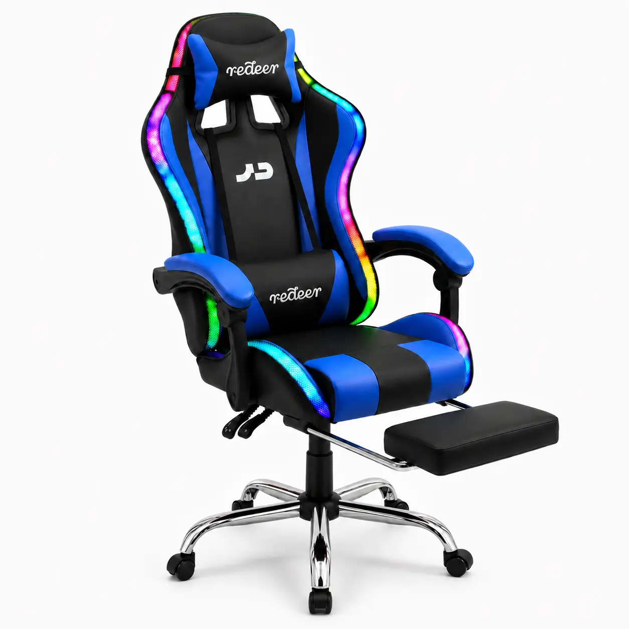 Redeer RGB LED Ergonomic Racing Chair, High Back Swivel Reclining Gaming Chair with Steel Legs, Footrest, Lumbar & Head Cushion,portable,outdoor,lawn chair