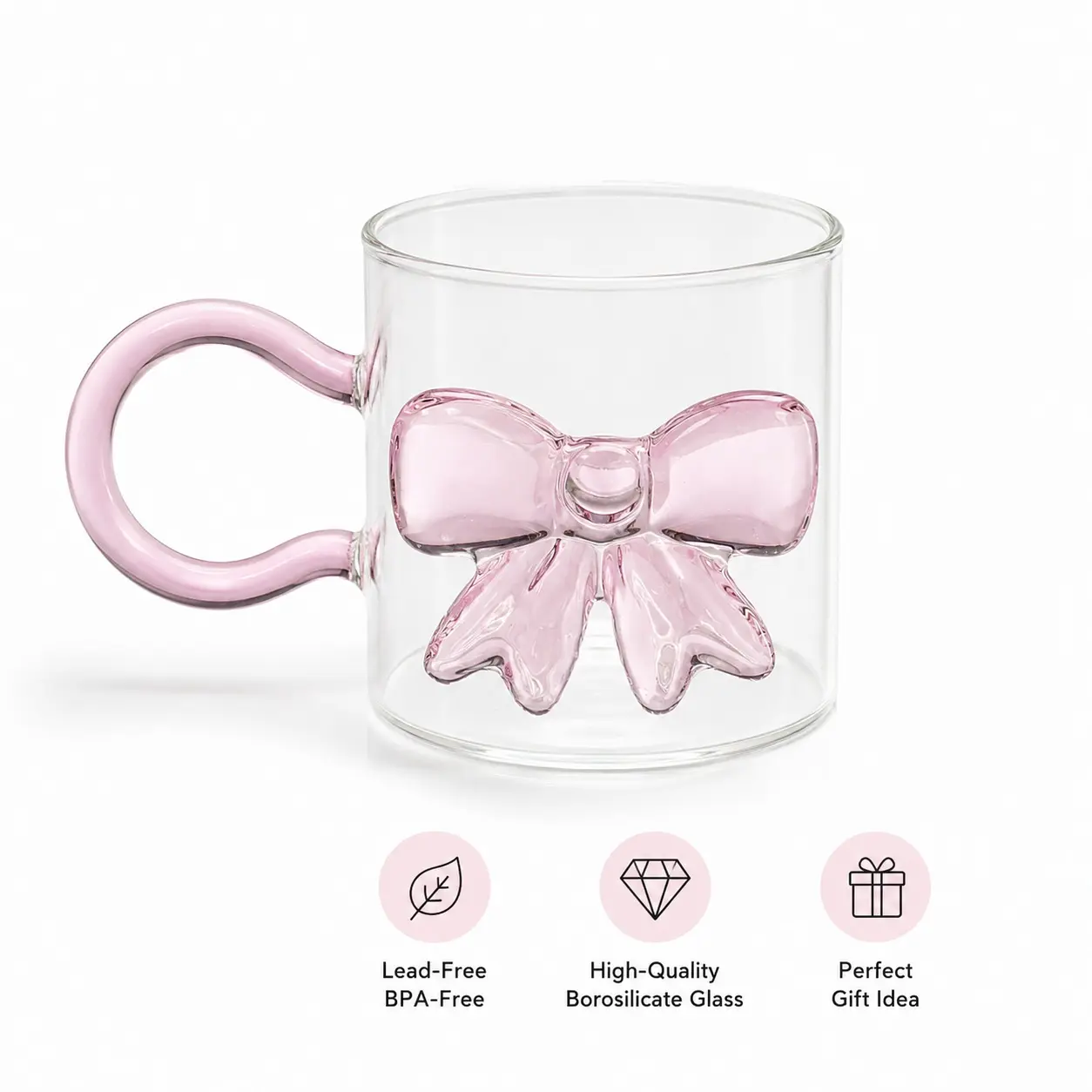 Cute Pink Bow Glass Coffee Mug, Handmade Borosilicate Glass Cup for Latte Tea Matcha, Aesthetic Gift for Women