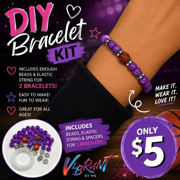 DIY Beaded Bracelet Kit - Makes 2 Bracelets - Purple Beads with Basketball Design - Perfect for Crafting
