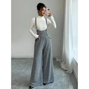 Women's knitted checkered printed wide leg pants with front pocket button design, fashionable and elegant daily commuting workwear, autumn and winterRAIMENTRY