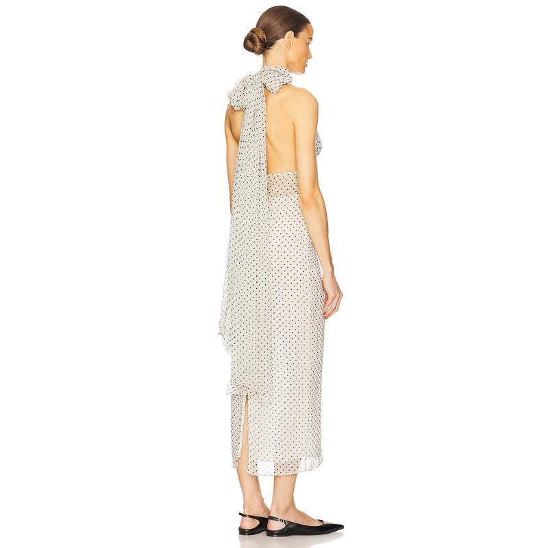 Helsa The Scarf Dress in Printed Silk Chiffon in Ivory & Black Dot