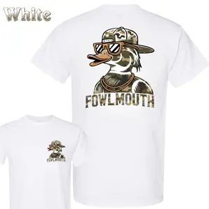 Fowlmouth Duck T-Shirt – Featuring Stylish Duck Wearing Camo Cap , Sunglasses And Chain Necklace , Large Fowlmouth Text In Camo Print , Outdoor Humor Theme , Classic T-Shirt , Soft And Comfortable Menswear Top Casual