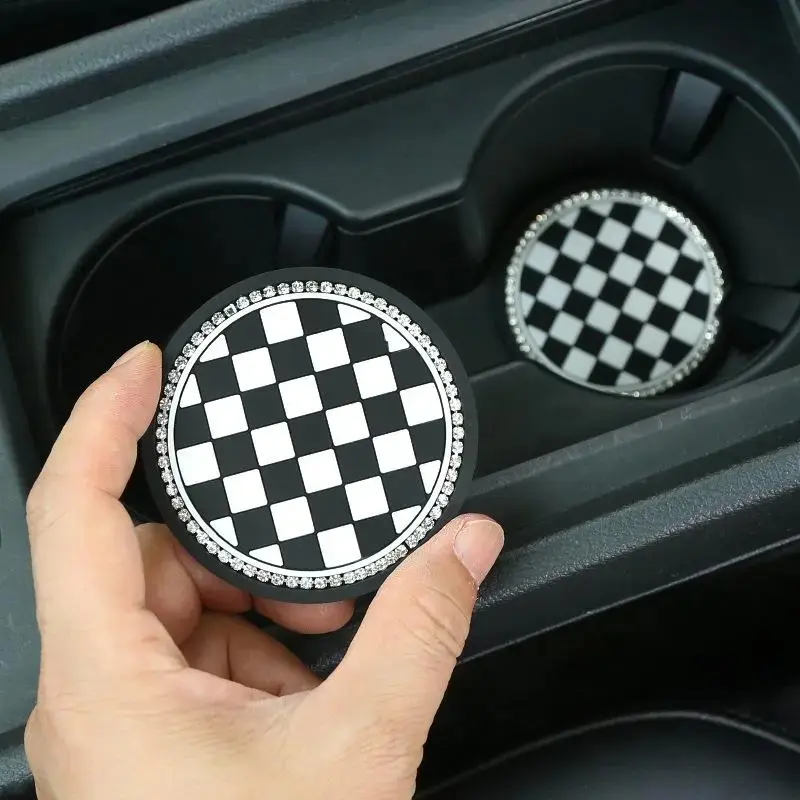 2pcs/set Car Cup Holder Coasters With Rhinestones, Bling Car Accessories, Aesthetic Car Accessory, Universal PVC Anti-slip Pad Plaid Coaster, Checkered Car Accessories
