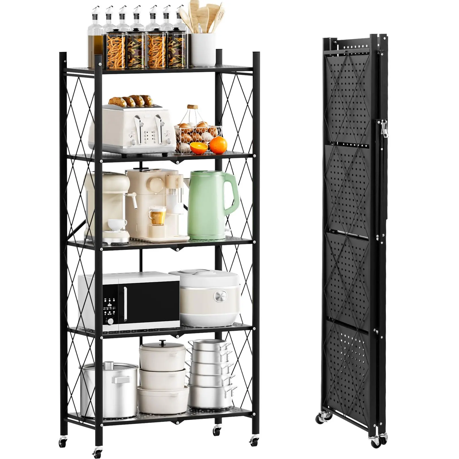 70.7" H Metal Storage Shelf,5 Tier Storage Shelf with Wheels,Foldable Collapsible Shelving Unit Display,Heavy Duty Rolling Organizer for Kitchen, Garage, Closet, Pantry,Black,1 Pack Rack