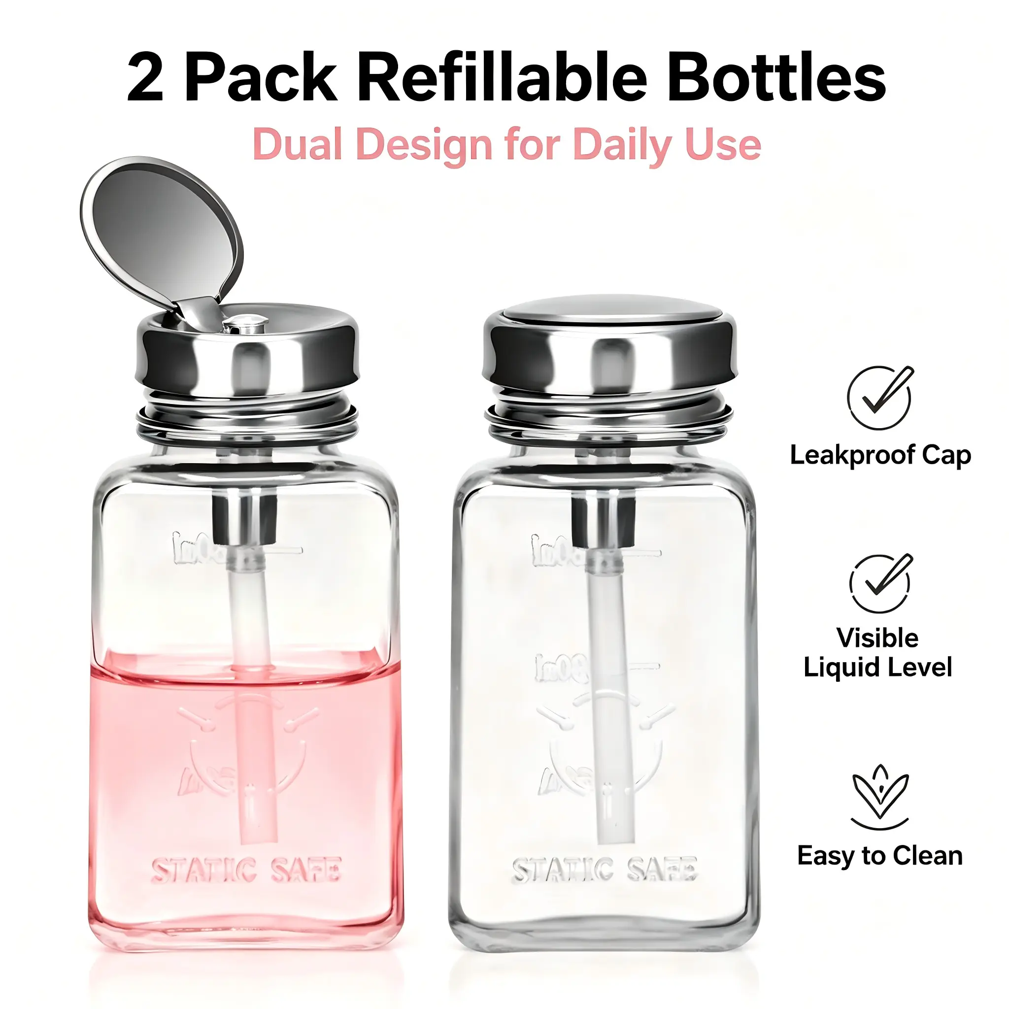 LANA HOME Push Down Glass Nail Polish Remover Bottle 2 Pack, 150ml Refillable Acetone Pump Dispenser with Metal Flip Cap, Press Pump Container for Nail Polish, Makeup Remover, Alcohol & Toner