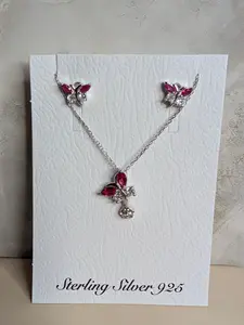 Sterling Silver Hot Pink CZ Butterfly Earrings & Necklace Jewelry Set
