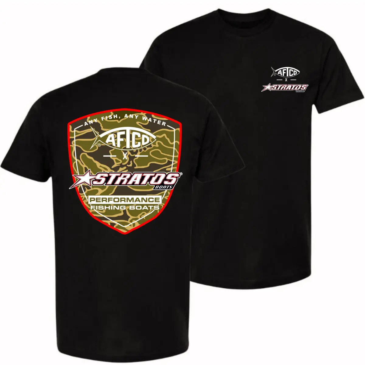 AFTCO x Stratos Boats Vintage Fishing Graphic T-Shirt – Camo Design, Unisex Soft Cotton Blend, Outdoor Streetwear Apparel, Gift For Men