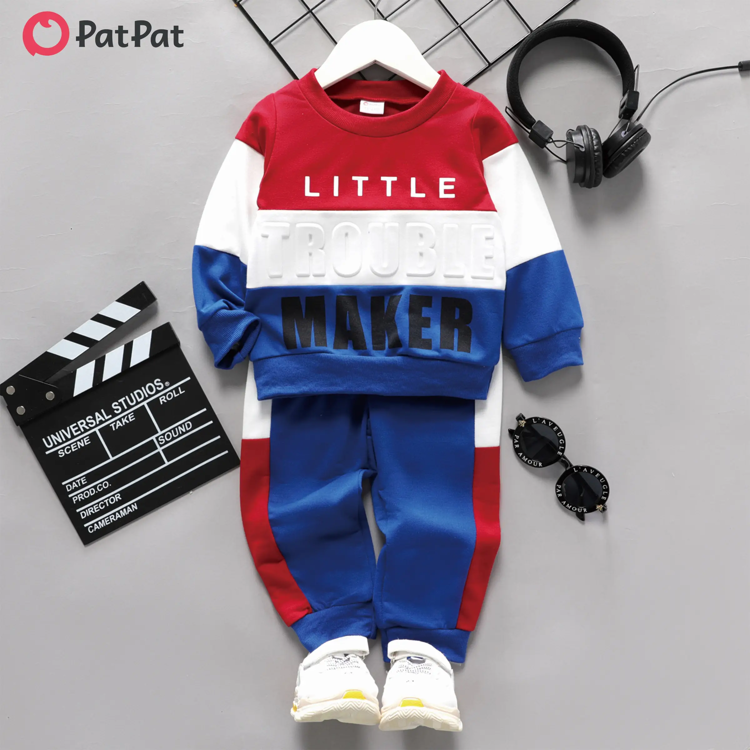 PatPat 2pcs Toddler Boy Trendy Letter Print Colorblock Sweatshirt and Pants Set