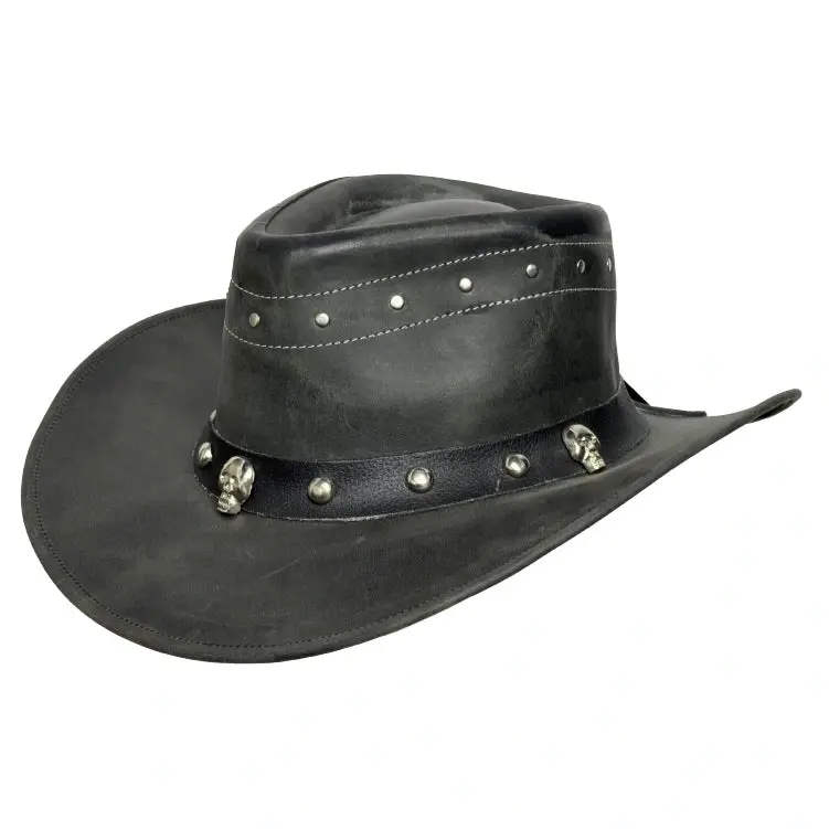 Danakil Leather Cowboy Hat for Men & Women – Top Grain Leather Western Hat with Skull & Stud Design, Shapeable Brim