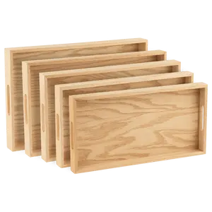 Oak Wood Nested Serving Trays  Five Piece Set of Rectangular Quality Wooden Trays with Cut Out Handles