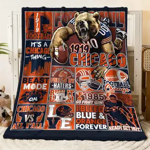 Vintage Chicago Football Flannel Blanket, Retro 1919 Bear Graphic Throw with City Skyline, Team Slogans & Game Elements, Cozy Fleece Blanket for Fans’ Bedroom Sofa Decor