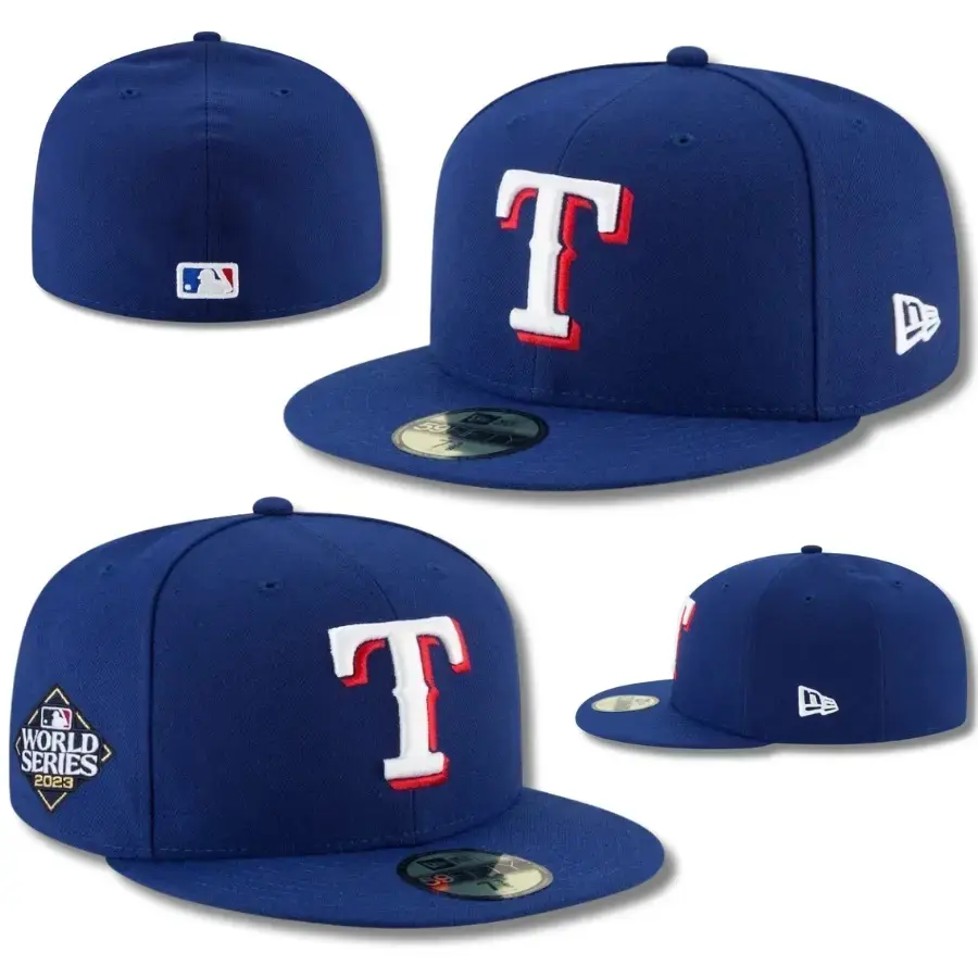 New Era 59FIFTY Texas Rangers Fitted Hat – Royal Blue Flat Bill Baseball Cap Featuring Embroidered White and Red “T” Logo & World Series Patch, Premium MLB Streetwear Headwear