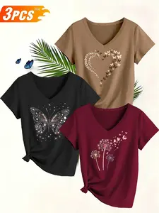 Women's 3-Pack V-Neck Short Sleeve T-Shirts, Fashion Leopard Heart Butterfly Daisy Print, Soft Comfortable Fabric
