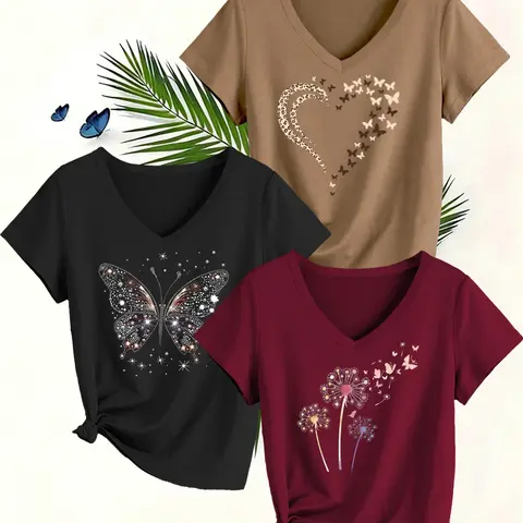 Women's 3-Pack V-Neck Short-Sleeve Summer Fit T-Shirts Casual Tee Shirts, Fashion Casual Leopard Heart, Butterfly and Daisy Print Top, Soft Comfortable Fabric