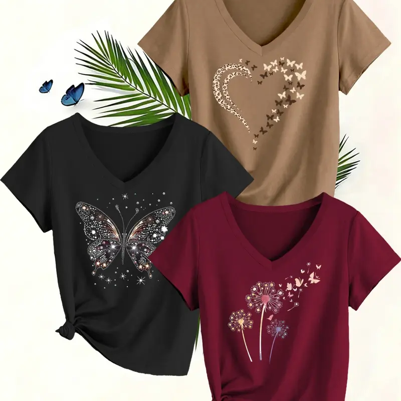 Women's 3-Pack V-Neck Short-Sleeve Summer Fit T-Shirts Casual Tee Shirts, Fashion Casual Leopard Heart, Butterfly and Daisy Print Top, Soft Comfortable Fabric