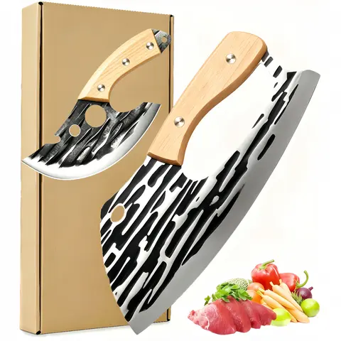 【Buy 1 Get 1】 8-in Stainless Steel Kitchen Knife Set - Wooden Handle, Balanced Design Blade, Labor-Saving Wrist-Protecting Hand-Forged Kitchenware for Meat Cutting, Deboning | Lightweight Professional BBQ Tool
