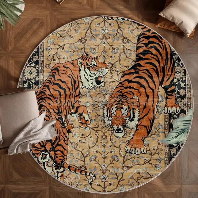 Vintage Tiger Pattern Round Rug, Non-slip Soft Floor Mat, Washable Area Rug, Decorative Carpet for Home Living Room Bedroom Hotel