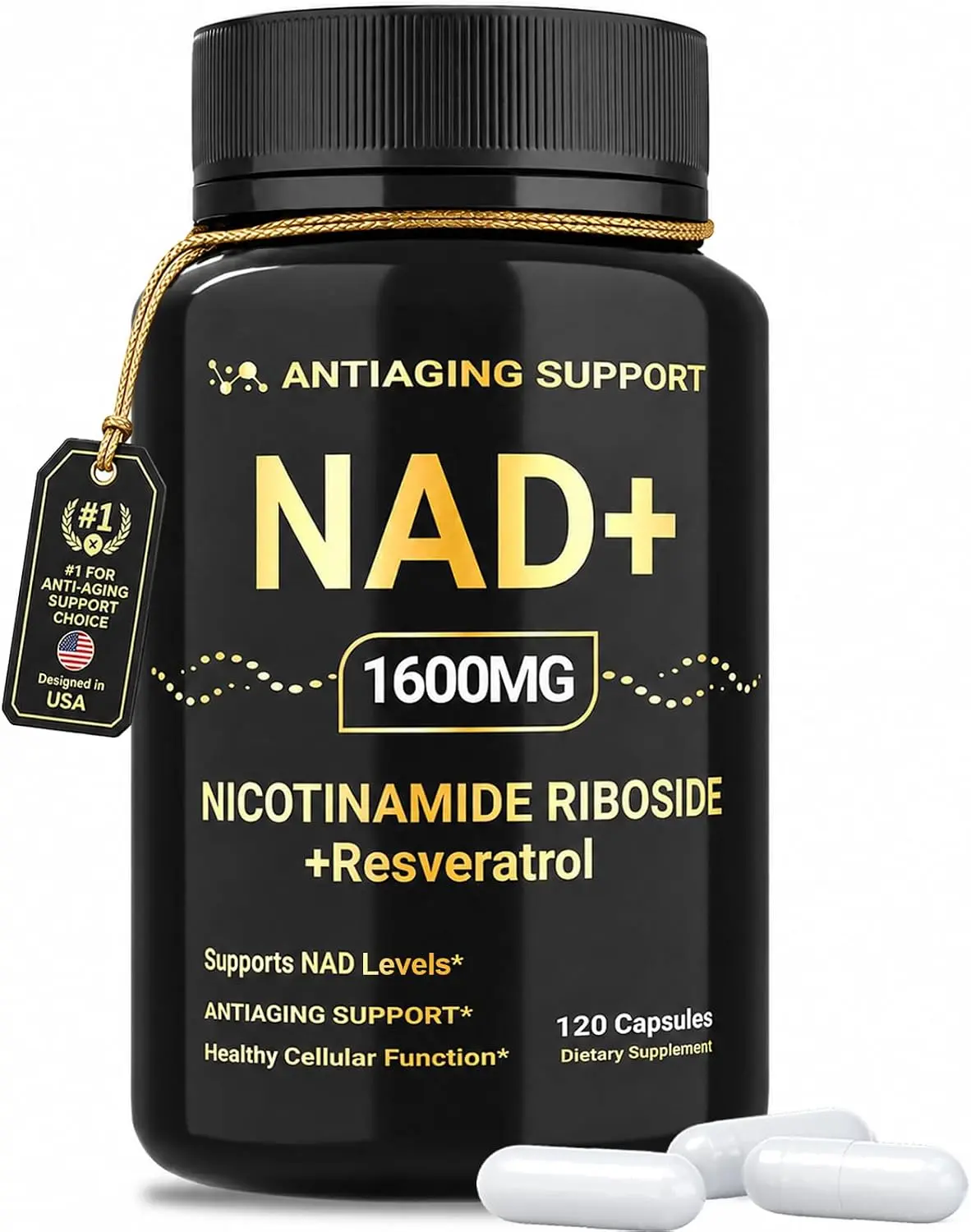 NAD Supplement 1600mg, NAD+ with Resveratrol & Nicotinamide Riboside, Anti-Aging Support, Cellular Energy & Mental Clarity Support, Vegan Non-GMO, 120 Capsules