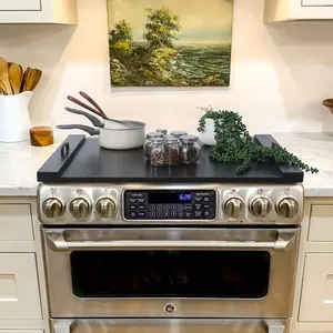 Wood Noodle Board Stove Cover with Handles, Wooden Stovetop Cover Board for Gas Stove and Stove Top,for Counter, Cutting Board, Black