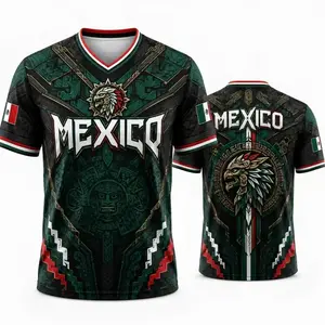 2026 New Mexico Eagle Warrior V-Neck Sports Jersey, Aztec Calendar Graphic Short Sleeve Shirt for Men, Green Black Soccer Fan Tee