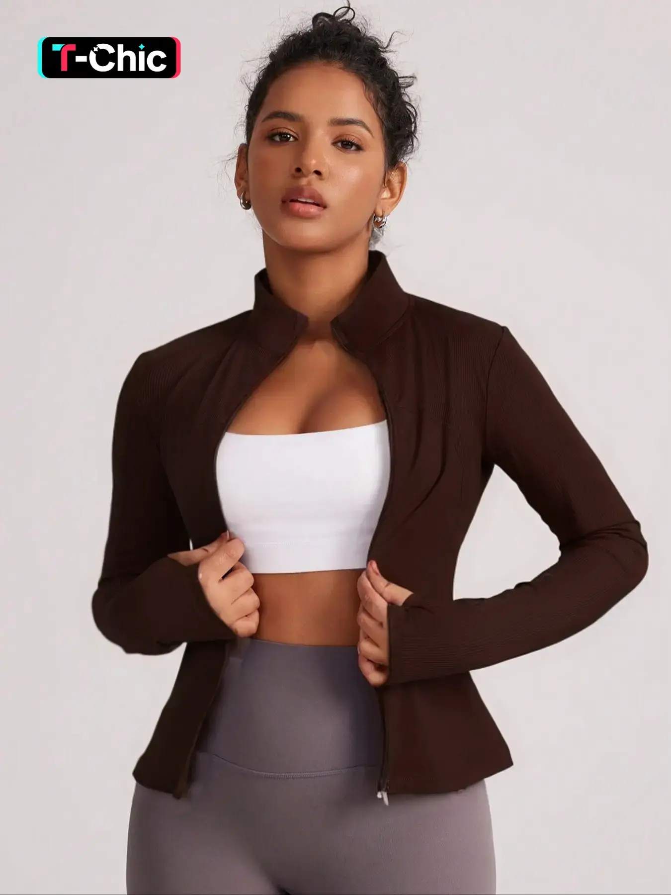 Women's Solid Zip Up Sports Jacket, Sporty Long Sleeve Stand Collar Outerwear for Gym Workout Running, Ladies Sportswear Womenswear for All Seasons