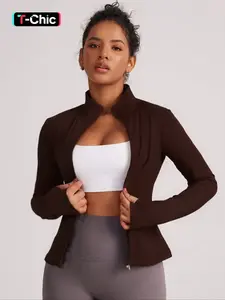 Women's Solid Zip Up Sports Jacket, Sporty Long Sleeve Stand Collar Outerwear for Gym Workout Running, Ladies Sportswear Womenswear for All Seasons