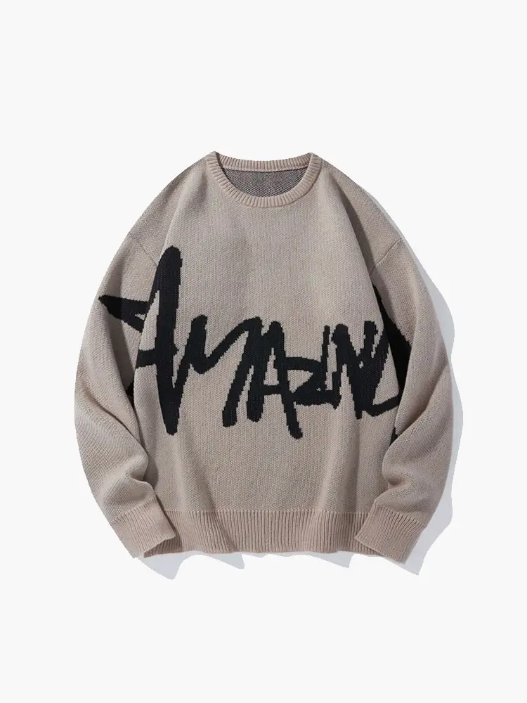 Unisex Oversized Graphic Print Crewneck Sweater. Casual Y2K Streetwear Pullover Tops For Men And Women. Perfect Boyfriend Gifts. Versatile Knitwear Essential For Cozy Fall Clothes Transitioning Into Warm Winter Outfits. Slouchy Relaxed Fit Jumper.