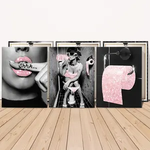 3 Counts Wooden Framed Canvas, Pink Glitter Lips Bathroom Art Images, Exquisite Poster Print, Canvas Prints, Perfect Living Room Decoration, Modern Art, Fashion Family Poster, Wall Art Decoration, Odorless, Artwork