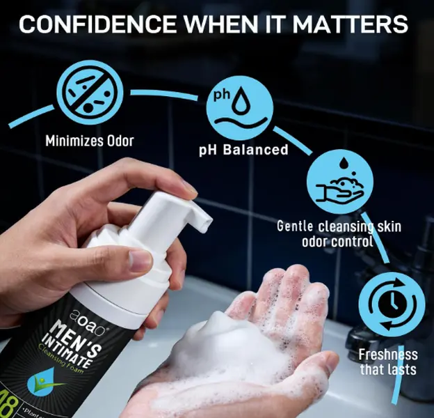 AOAO Men's Intimate Wash Cleansing Foam for Odor & Itch Control, pH Balance Body Wash For Men, Herbal Infused, Gentle Cleanser For Ball Sensitive Skin, Soothes Refreshes & Controls Bad Odor, 5 FlOz