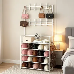 5-tier multifunctional shoe and hat rack, multi-layer storage organizer with shoe rack and coat hooks, recommended for home use – simple modern style, easy-to-install freestanding storage space for hallway, bathroom, and living room